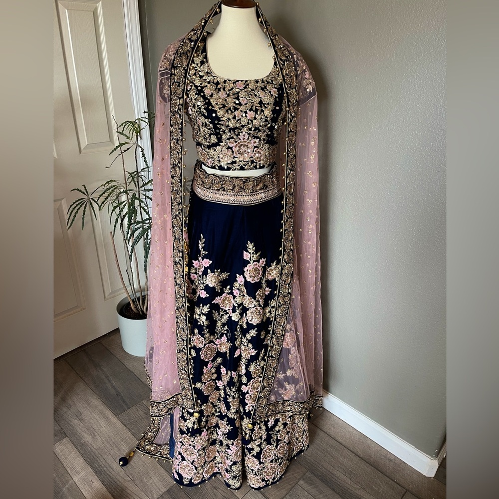 Navy Blue Velvet lehenga with hand embroidery and light pink accents